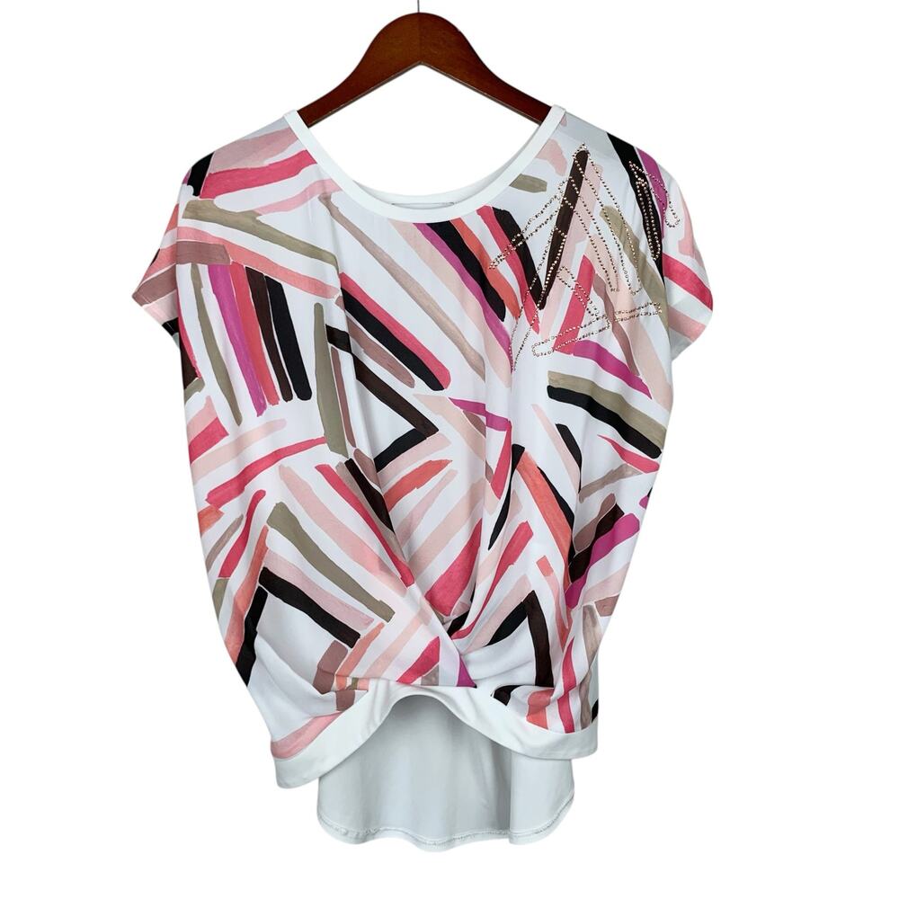 Joseph Ribkoff Blouse Short Sleeve Top Abstract Colorful Rhinestones Women's 8
